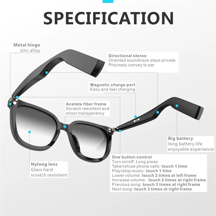 ALOVA Bone Conduction Earphone Glasses with Speaker Wireless Bluetooth Smart Audio Headphone Sunglasses