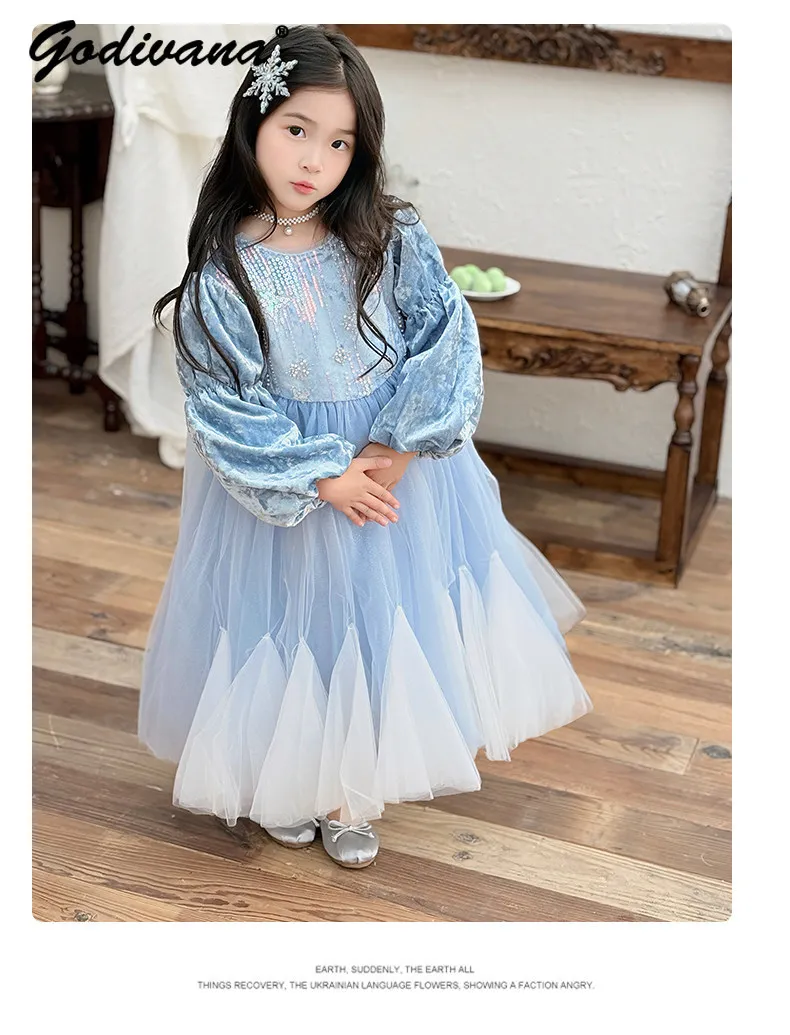 Sweet Baby Girls 2026 Autumn and Winter Long Sleeve Princess Dress Kids High End Blue Sequin Mesh Patchwork Birthday Formal Gown