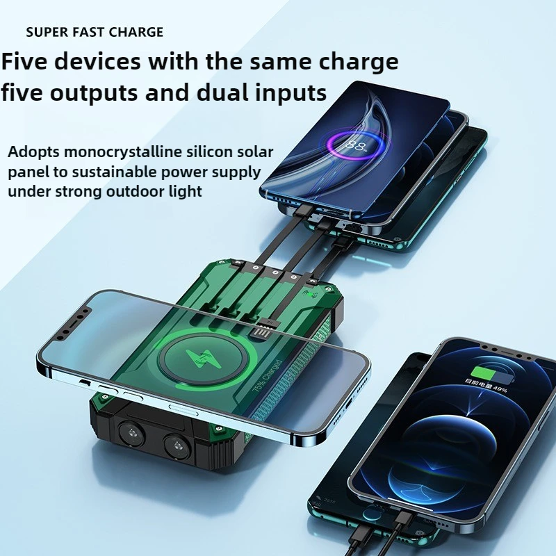 

Новый аккумулятор на солнечной батарее емкостью 20000 мАч, многофункциональный аккумулятор для быстрой зарядки с 4 кабелями, беспроводное зарядное устройство, светодиодный фонарик