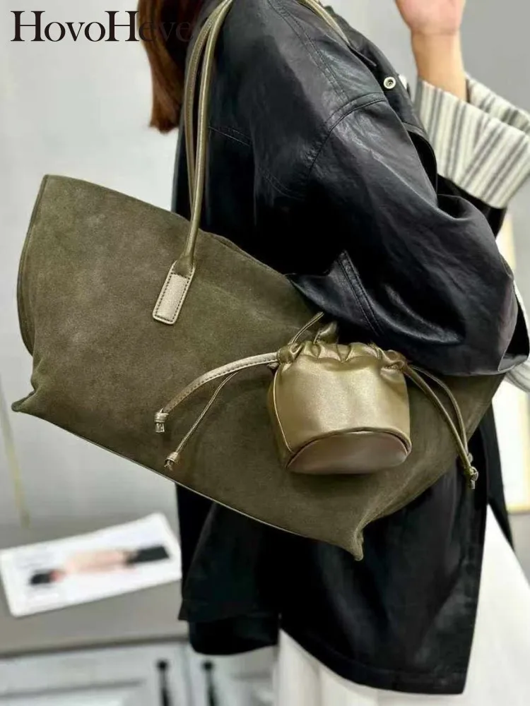 Japanese Genuine Leather Handbag Fashion Hidden Button Large Capacity Tote Solid Color Suede Cowhide Office Ladies Sling Bags