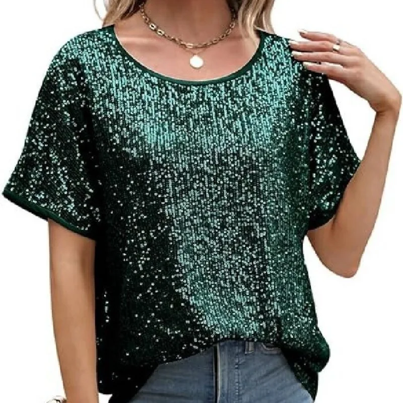 2024 Elegant Elegant New Loose Sequins Shoulder Short Sleeve Casual Sequin Deep V Shirt