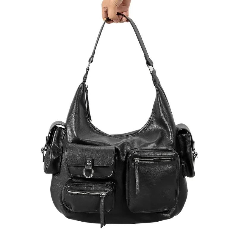 

2025 New Retro Multi-pocket Motorcycle Bag, Large-capacity Pu Single-shoulder Armpit Bag, Niche Punk-style Hand-held Women's Bag