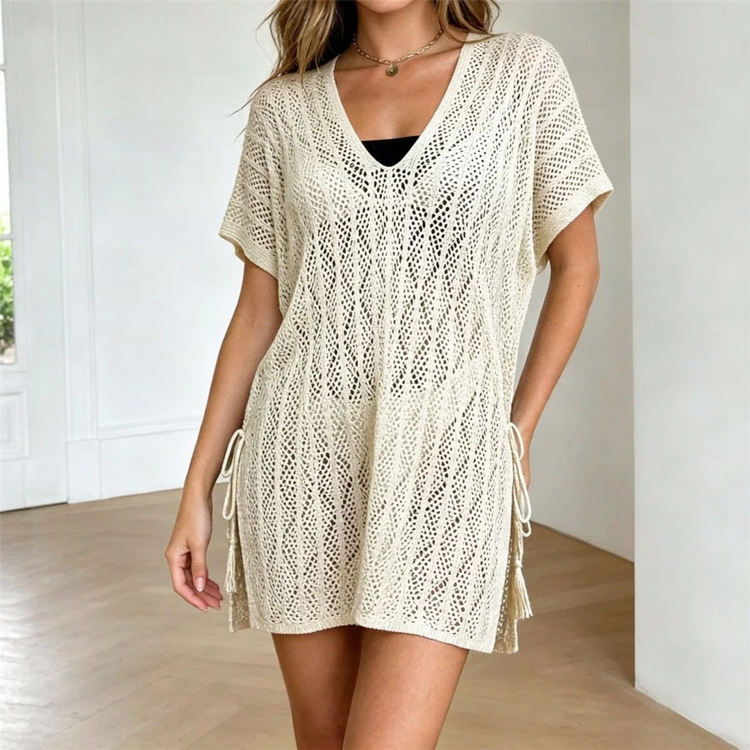 Neues, kurzärmeliges, einfarbiges, gehäkeltes Strick-Tunika-Strandkleid mit V-Ausschnitt, Strandkleid, Strandmode, Damenmode, K8580 – Detail 5