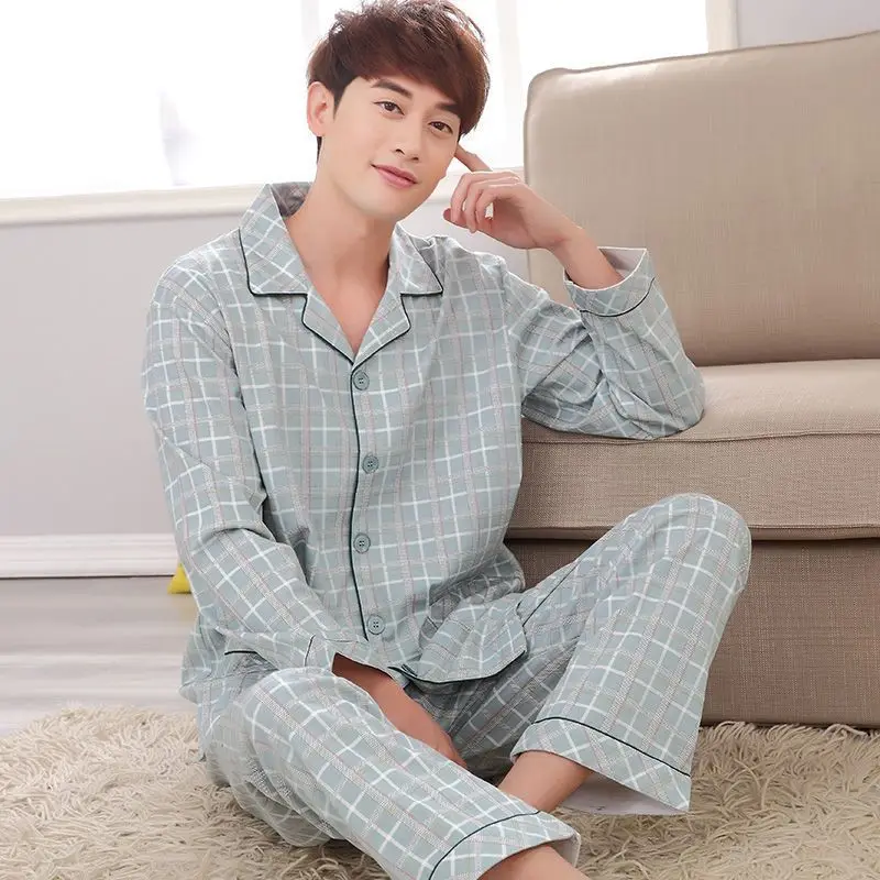 Men's Plaid Print Pajamas Set Lapel Long Sleeve Cardigan Pants Imitation Cotton Home Suit Male Sleepwear Comfortable Loungewear