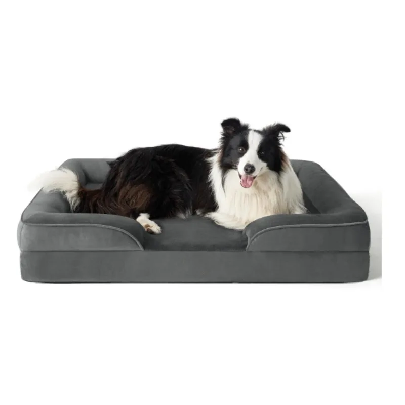 

Wholesale Personalized Gray Plush Orthopedic Memory Foam Dog Bed Non Chewable Rectangle Pet Bed With 4 Sides Pillow