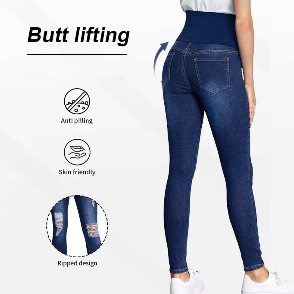 Stretch Skinny Fit Maternity Jeans High Waisted Ripped Belly Support Pregnancy Denim Pants Autumn