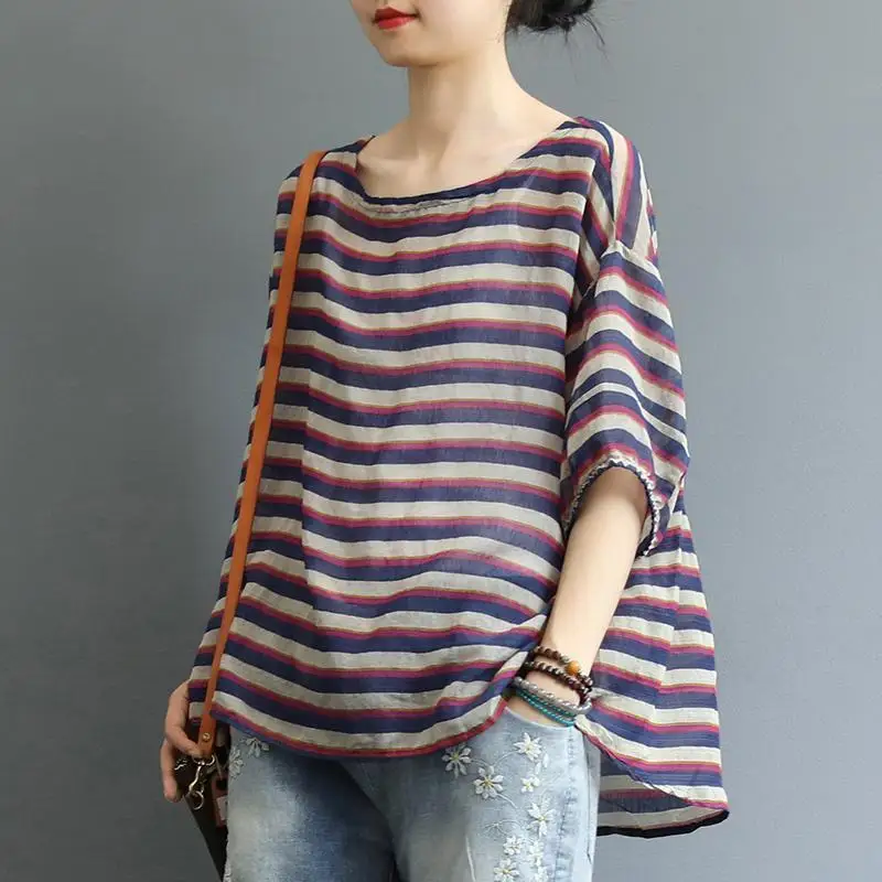 

Летняя возрастная полоска, тонкая свободная футболка на шнуровке сзади, женская летняя одежда большого размера, модный топ с короткими рукавами