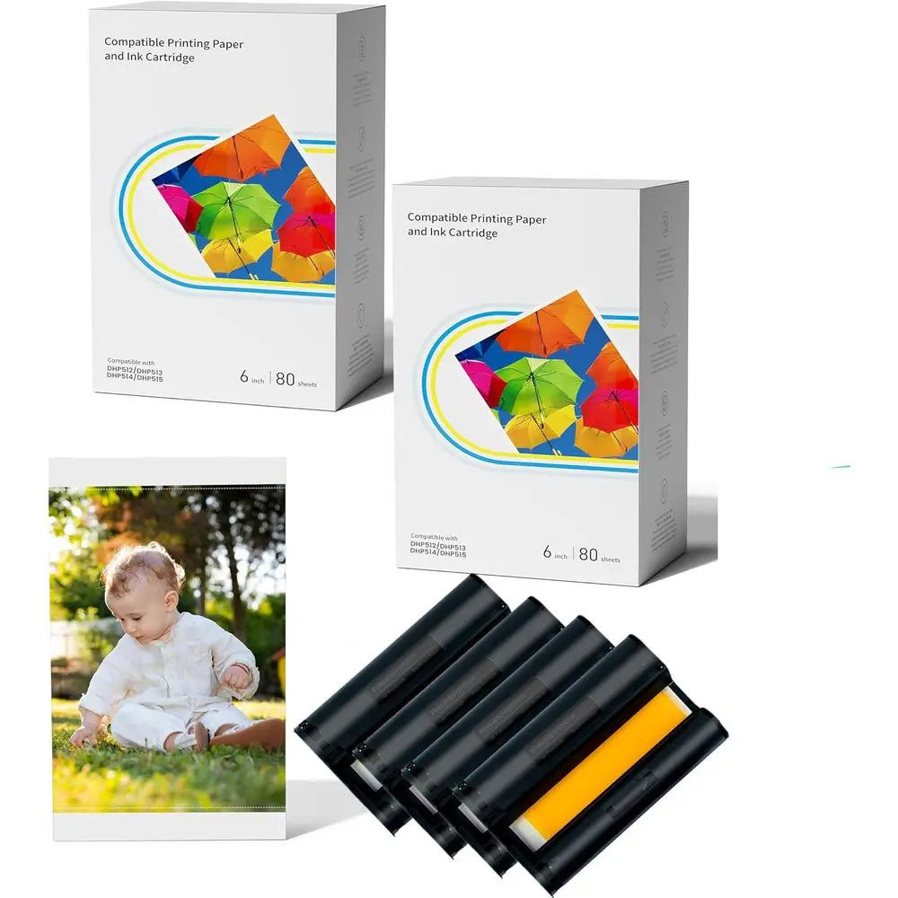 

4x6 Photo Printer Paper for 160 Sheets and 4 Ink Cartridges, Dye Sublimation, No Adhesive