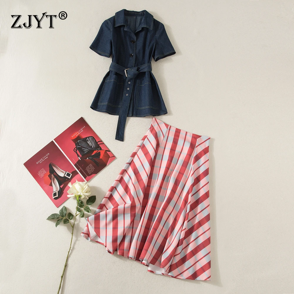 

ZJYT Fashion Runway Dress Sets Summer Designer Short Sleeve Denim Blouse Top and Skirt Suit Two Pieces Womens Outfit Casual 2025