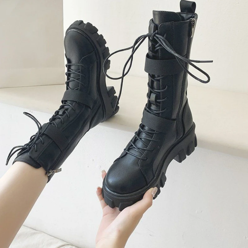 Shoes for Women Biker Footwear Mid Calf Platform Ladies Boots White Half High on Promotion Hot New Rock Winter 2024 Novelty Pu