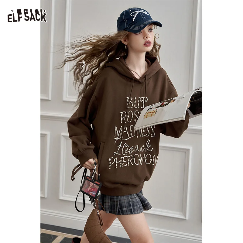 ELFSACK 2024 Autumn New Arrive American retro heavy-duty hooded sweatshirt for women, loose casual thin top