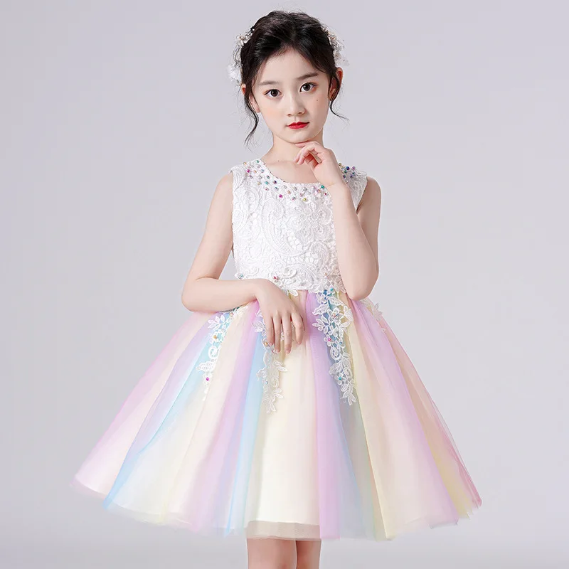 

Flower Girl Dresses Colorful Tulle Puffy Appliques Sequin With Bow Sleeveless For Wedding Birthday Banquet First Communion Gowns