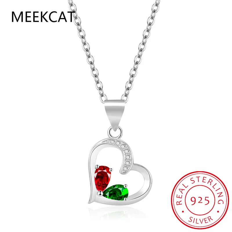 Pear Cut Simulated Nano Green Emerald Created Ruby 925 Sterling Silver Heart Pendant Necklace Women Gemstone Solitaire Jewelry
