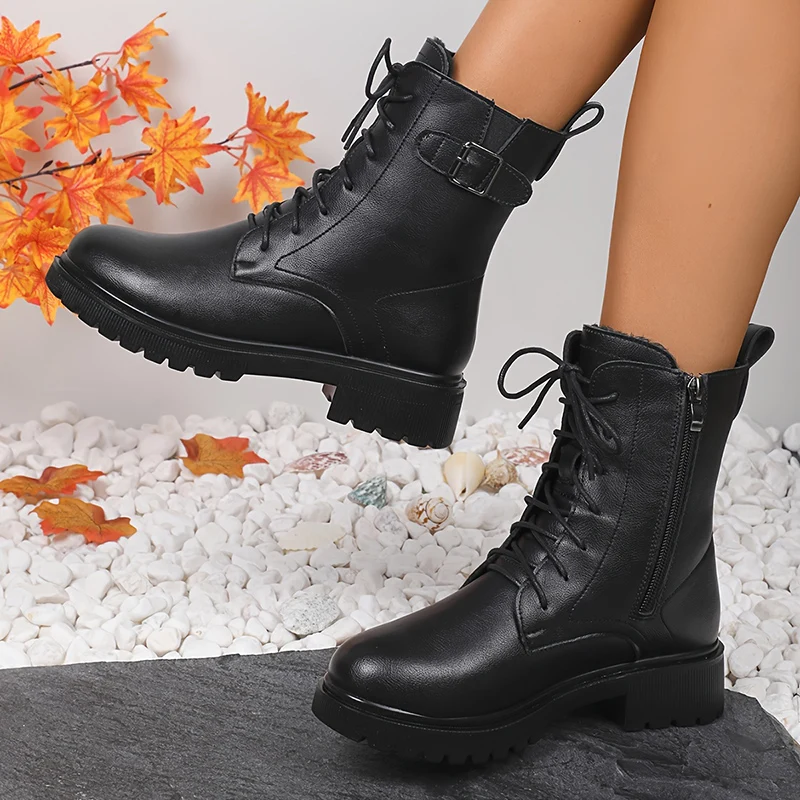 Classics Black Lace Up Pu Leather Boots Women Plush Lined Plus Size Ankle Boots New Side Zipper Thick Heel Modern Booties