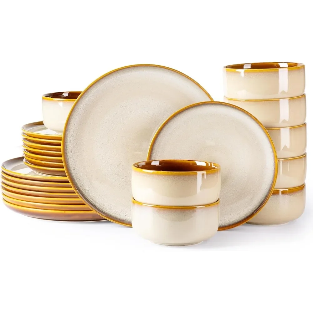 Ceramic Dinnerware Sets,Stoneware Plates and Bowls Sets,Reactive Glaze Dishes Set,Highly Chip and Crack Resistant