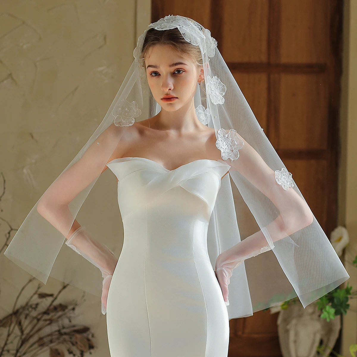 V387 جديد طبقة واحدة الدانتيل زهرة العروس الحجاب الفاخرة الأبيض سوبر الجنية الزفاف التصوير الفوتوغرافي أغطية الرأس