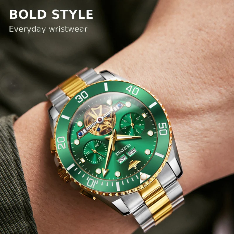 OUPINKE 3229 Automatic Mechanical Watch for Men Green Open Heart Dial Sapphire Crystal Day Date Luminous 50m Water Resistant