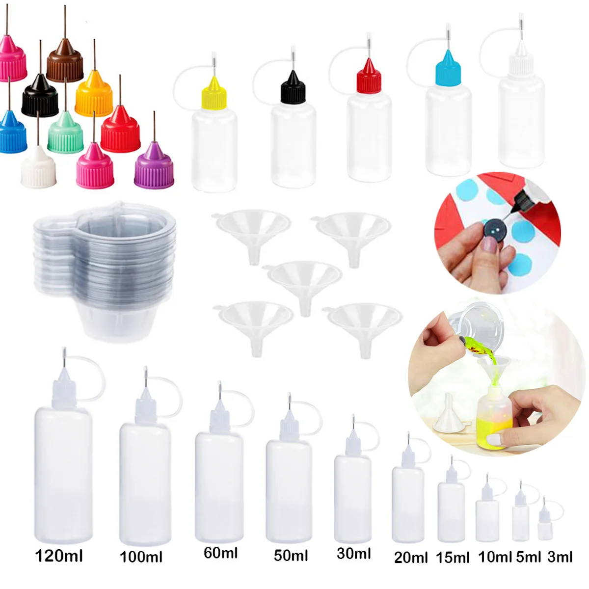 

15 30ml Empty Glue Bottles With 5 Mini Funnel & 14 Plastic Glue Bottles With Needle Tip Caps for Glue Liquid Crafts (Multicolor)