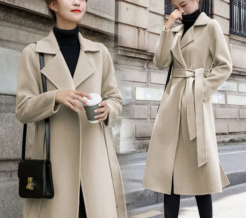 The new Korean version of autumn and winter clothing large size medium and long over-knee lace-up woolen coat women's thin