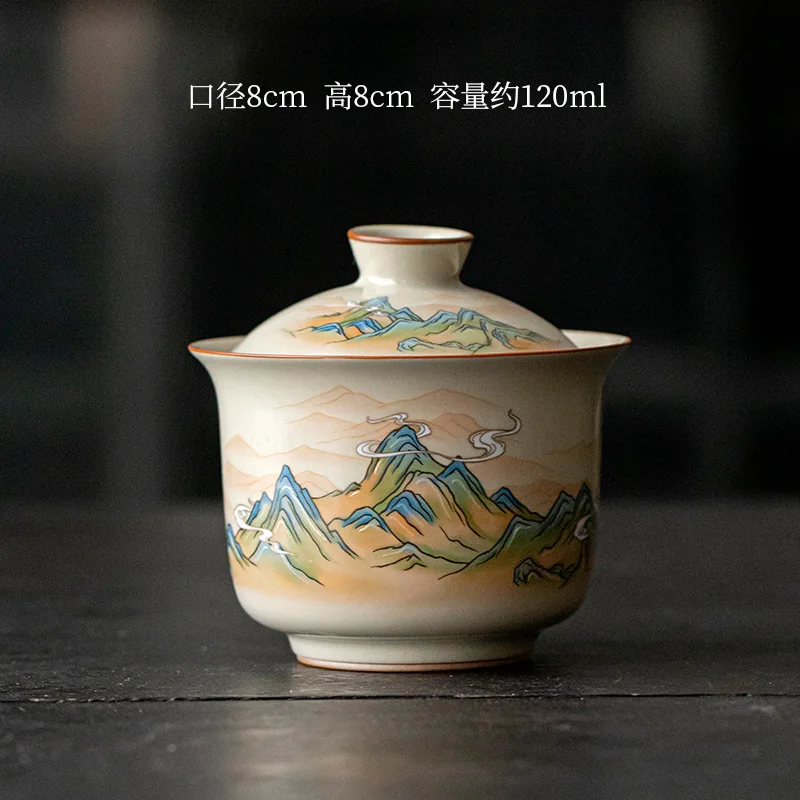 

Чайная чашка Qianlijiangshan Gaiwan, одинарная керамическая бытовая чайная чаша в стиле ретро Ercai, чайный сервиз кунг-фу, чайная чаша