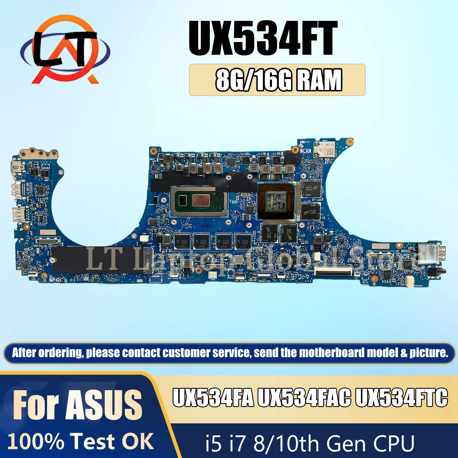 UX534FT Laptop Motherboard For ASUS ZenBook 15 UX534FA UX534FAC UX534FTC mainboard I5 I7 8th/10th with cpu GTX1650 8G/16G RAM