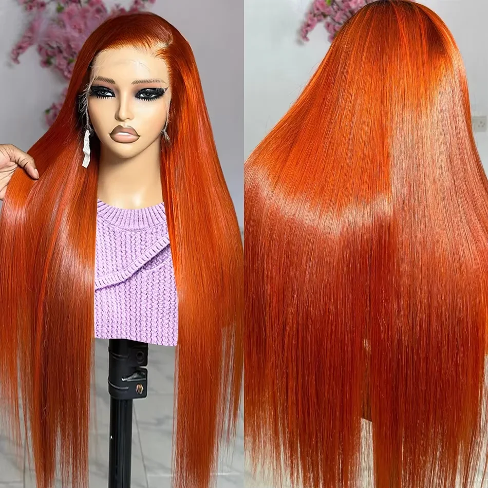 Gengibre laranja 13x4 hd peruca dianteira do laço 200 densidade osso em linha reta transparente laço frontal perucas de cabelo humano para mulher pré arrancado