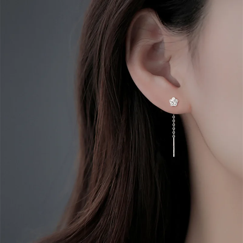 Cor de prata minimalista brilhante zircão borla gota brincos para mulheres coração flor geométrica linha orelha longa brinco luxo jóias