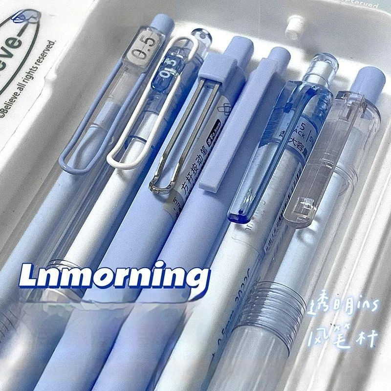 

6pcs Inmorning Blue Simple Fashion Rollerball Pen 0.5mm Black Refill Quick Drying Student Write Ball Point PenStationerySupplies