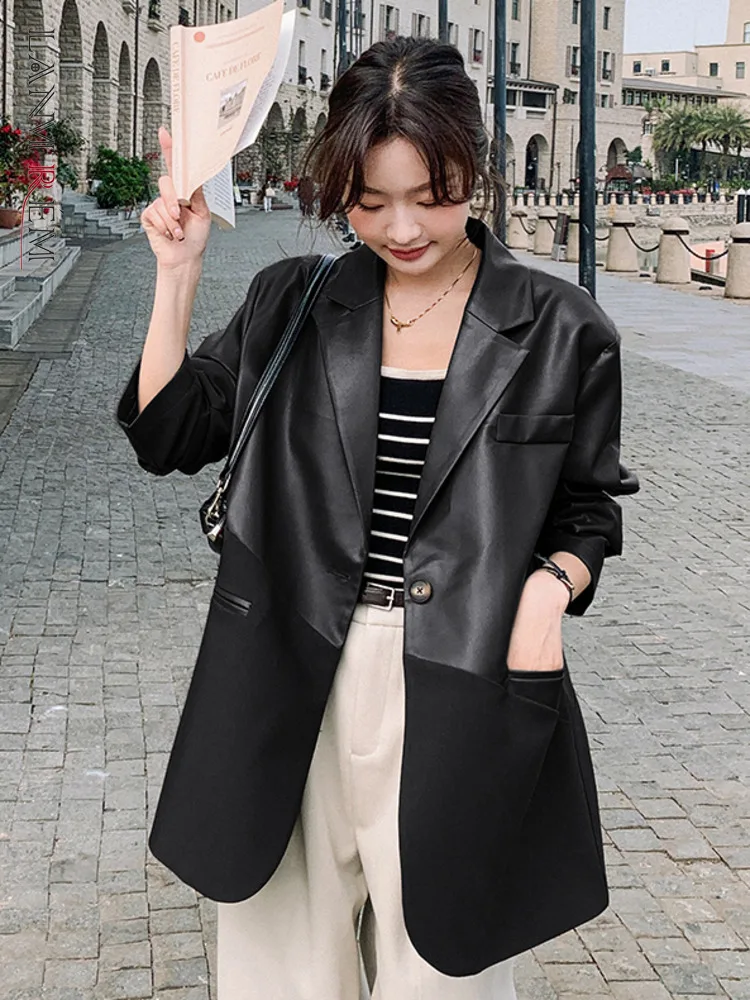 

LANMREM Leather Jacket For Women Lapel Long Sleeves Patchwork Female Fashion Streetwear Coat 2024 Spring Autumn New 2DA4271