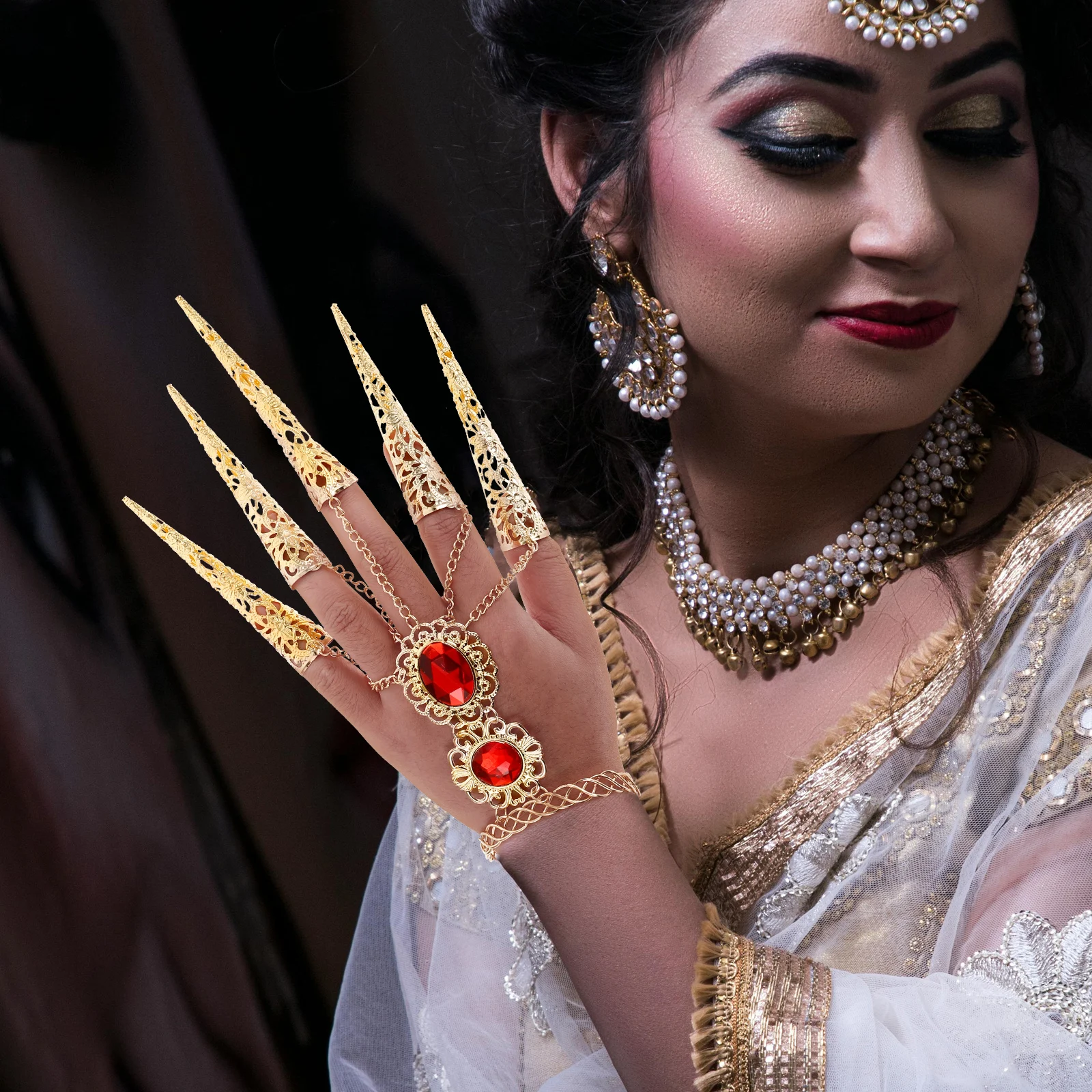 

1pcs Dance Bracelet Hand Chains Performance Nails Decor Lightweight Material Finger Tips Accessories For Belly Indian Dance