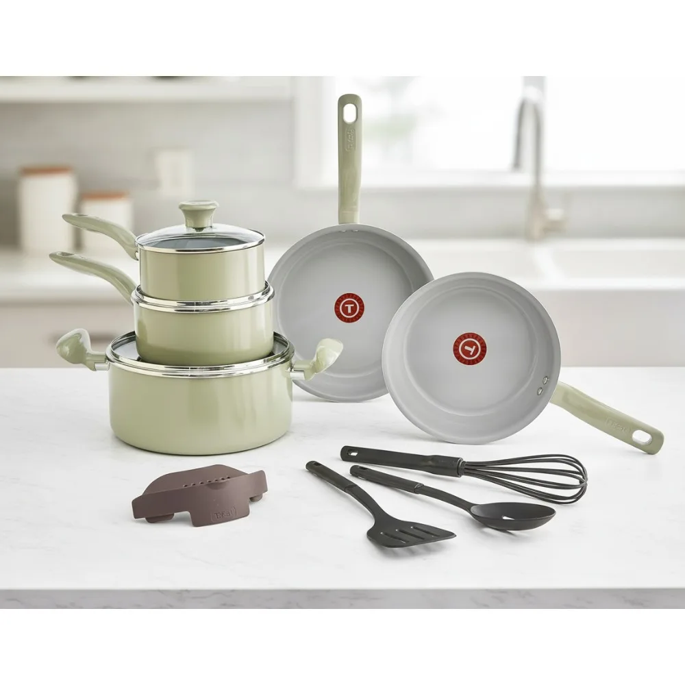 

Eco-Friendly Ceramic Nonstick Cookware Set 12-Piece, Oven Safe 350F, Pots Pans Fry Pan Kitchen Tools Green for Healthy Cooking
