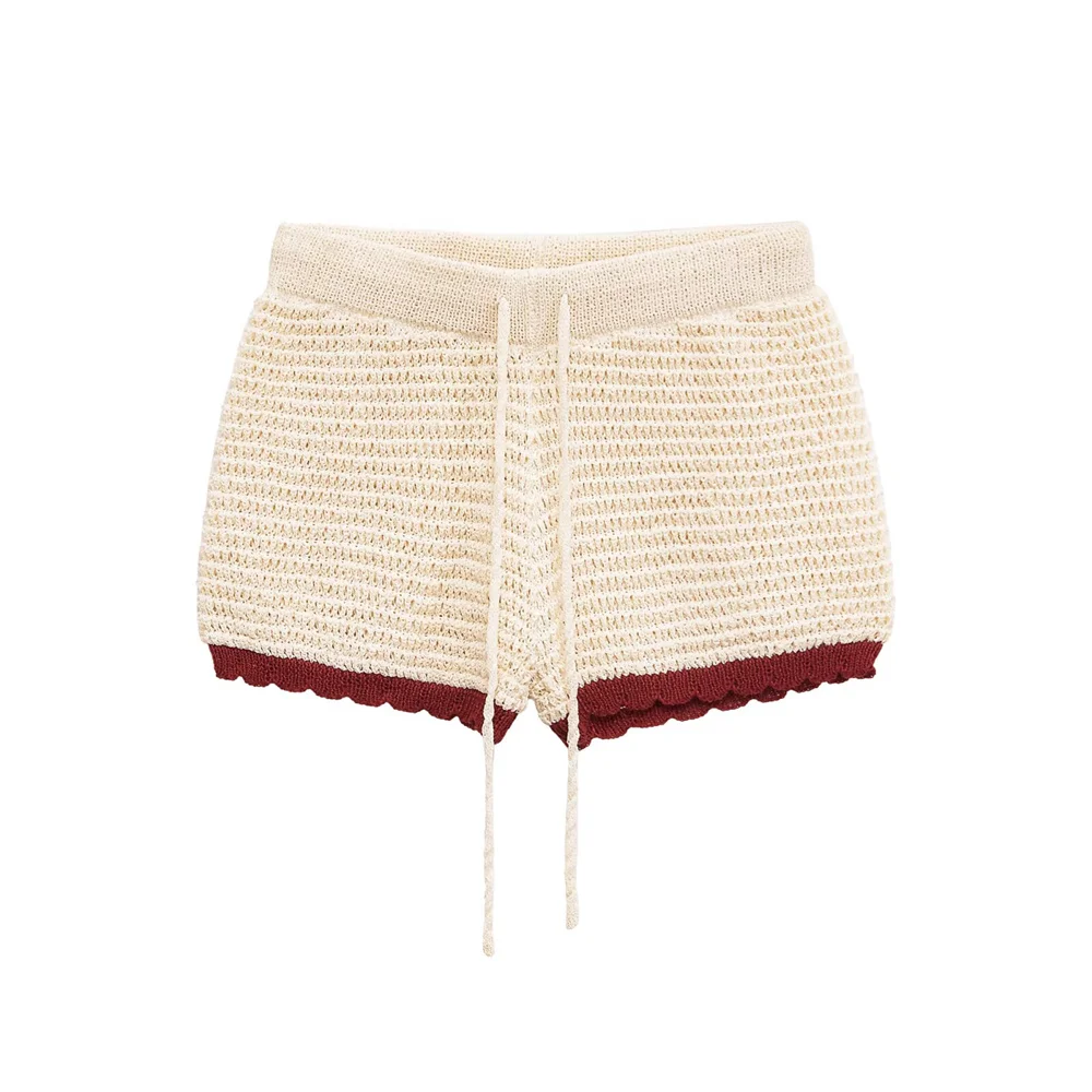 سترة نسائية محبوكة بأكمام قصيرة وياقة بولو على الموضة الجديدة، شورت محبوك بسيط بخصر عالٍ #4