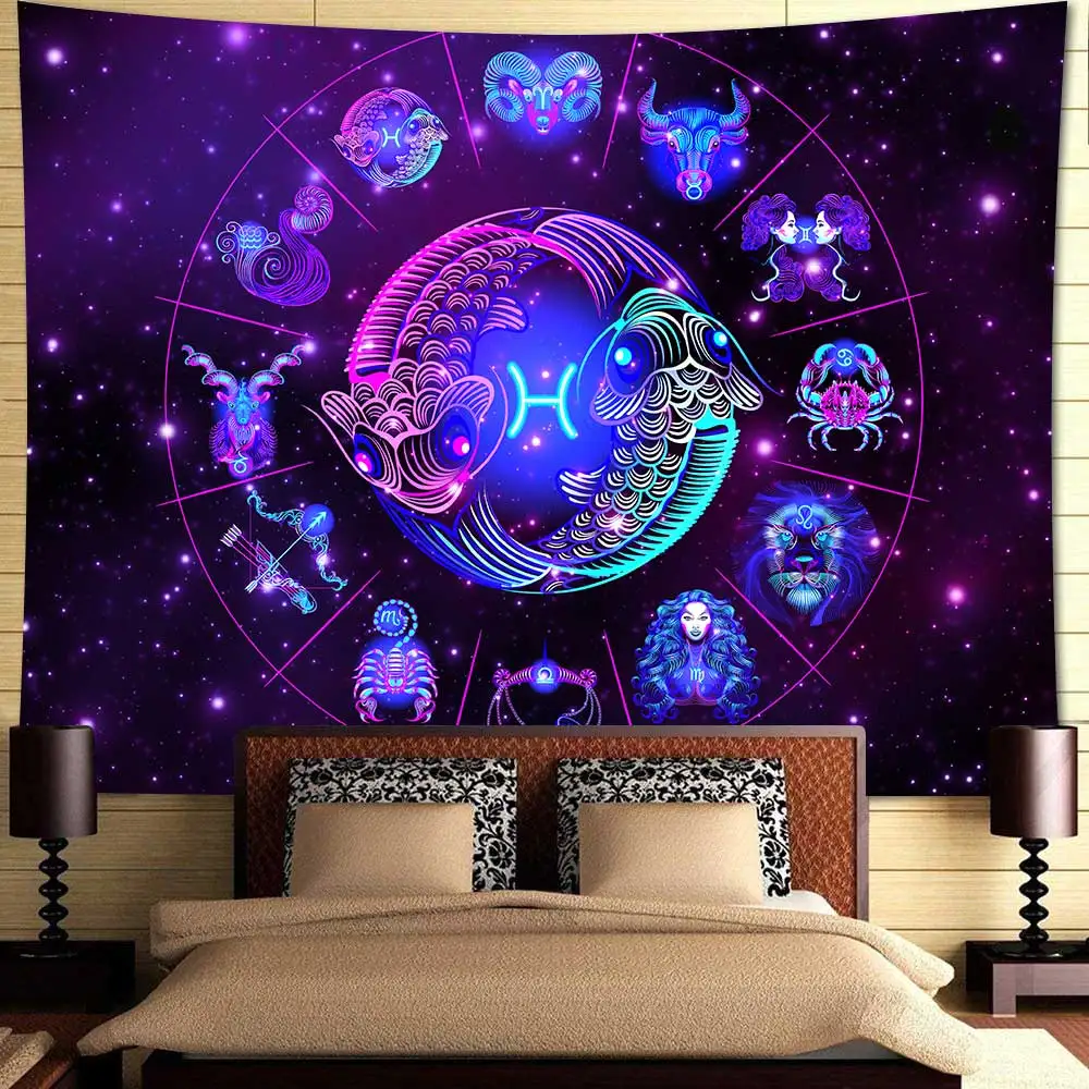 Simsant 12 Horoscope Tapestry Psychedelic Starry Sky Divination Art Wall Hanging  for Living Room Home Decor