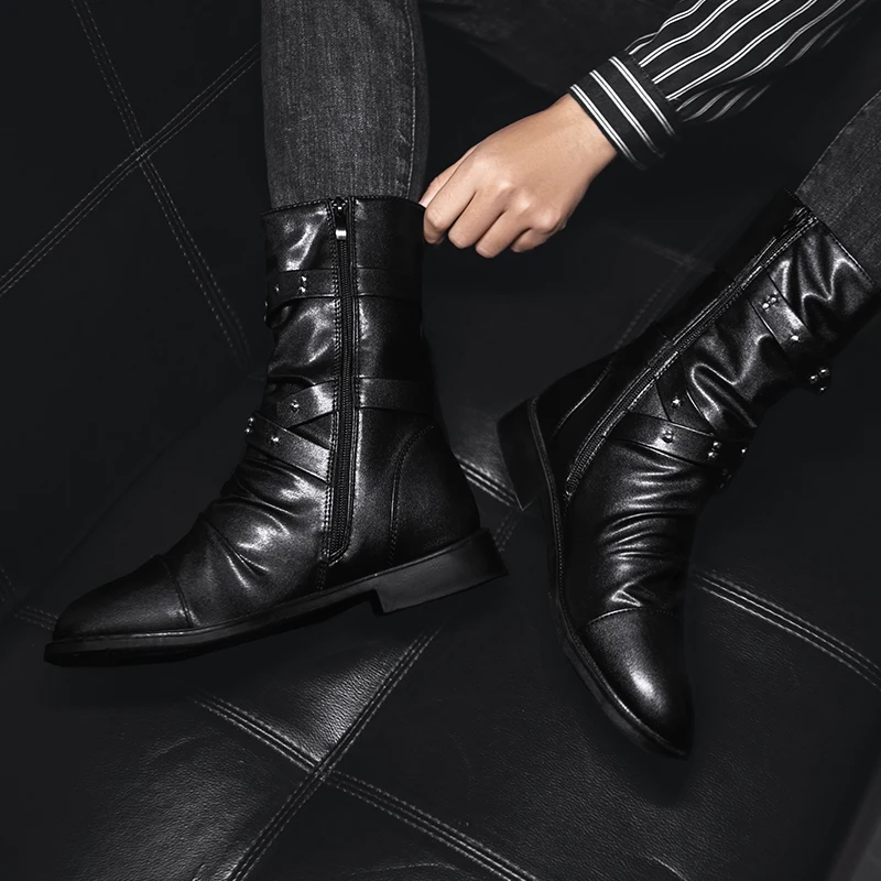 High Quality Men Perform Show Leather Boots Men Basic Locomotive Boots Black Punk Rock Shoes Men\'s Tall Boots Size 37-45 New2023