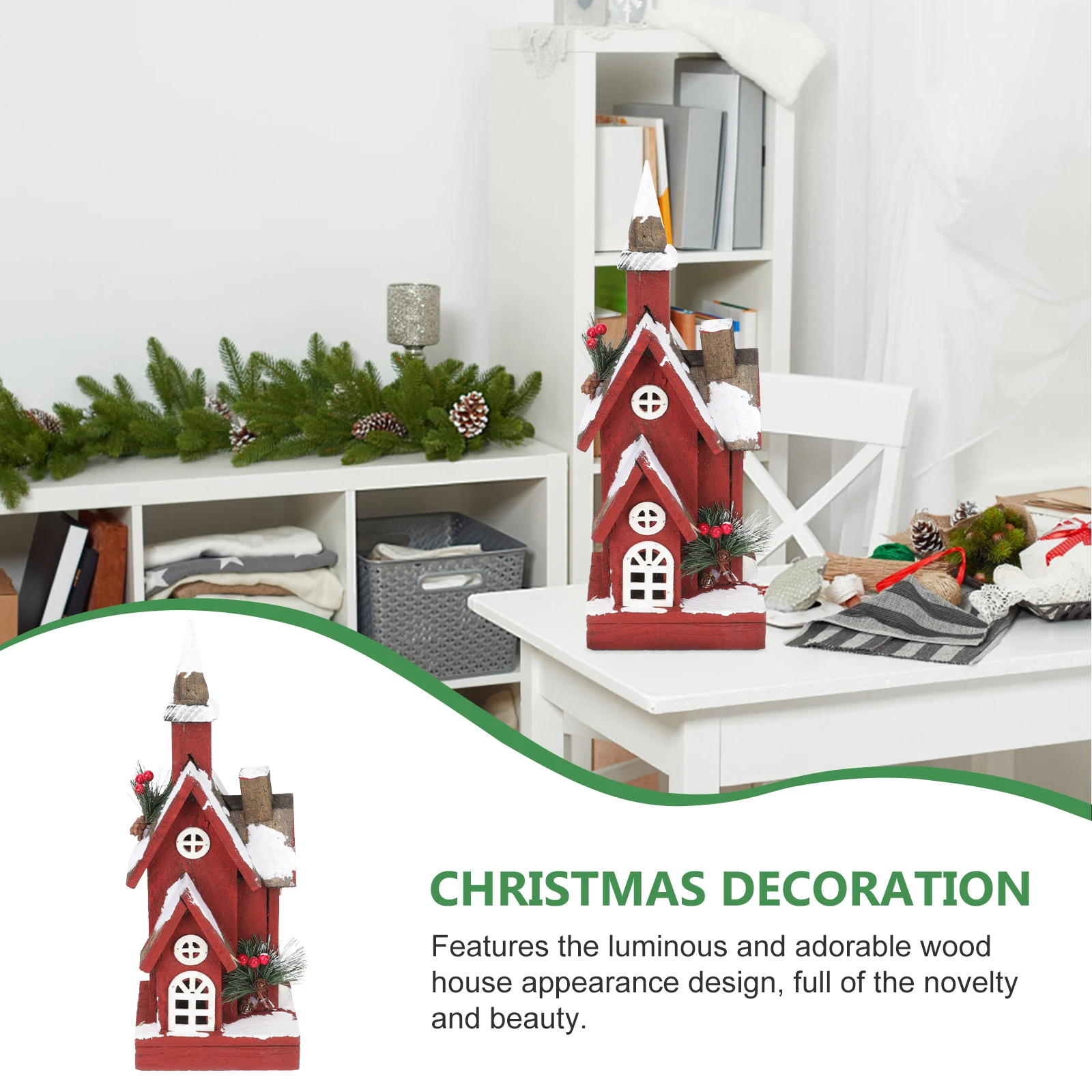 

Xmas Scene Figurine Red Glowing Cabin Retro Tree Lights Christmas Wooden Holiday Decor