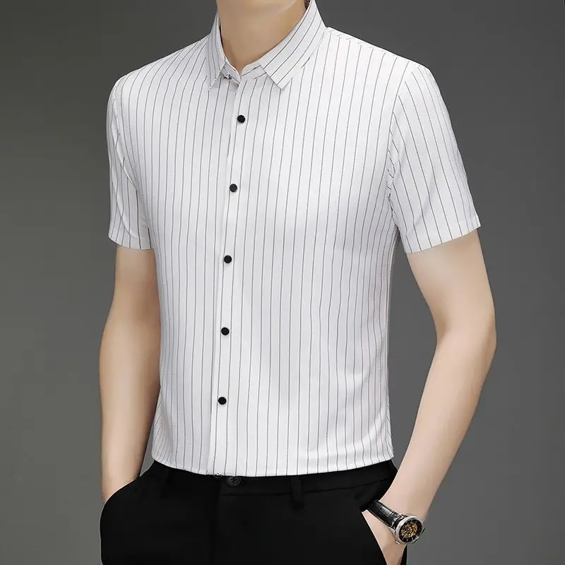 

Men's Short Sleeve Summer Shirt Ice Silk Fabric Business Casual Wrinkle Resistant Easy Care Striped Shirt for Dad