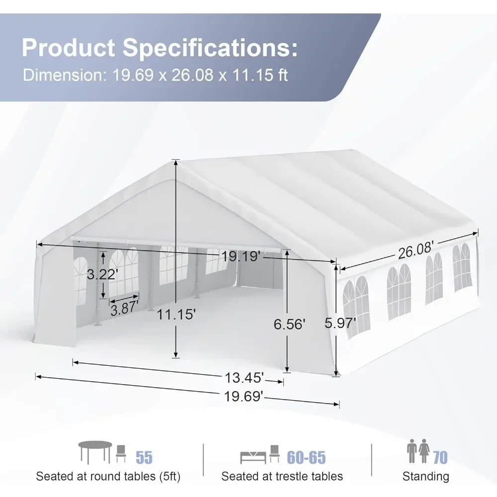 Canopy Tent for Parties Heavy Duty 20'x26' Car Tent Metal Carport Portable Garage with Removable Sidewalls, White