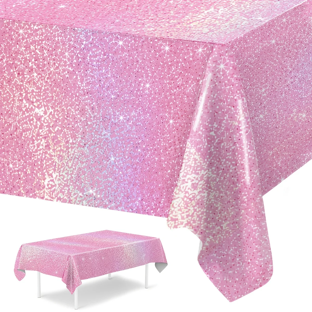 1pc, Rose Golden Laser Film Tablecloth, 107.87*53.94inch, Pink Sparkling Disposable Plastic Tablecloth, Happy Birthday Party Dec