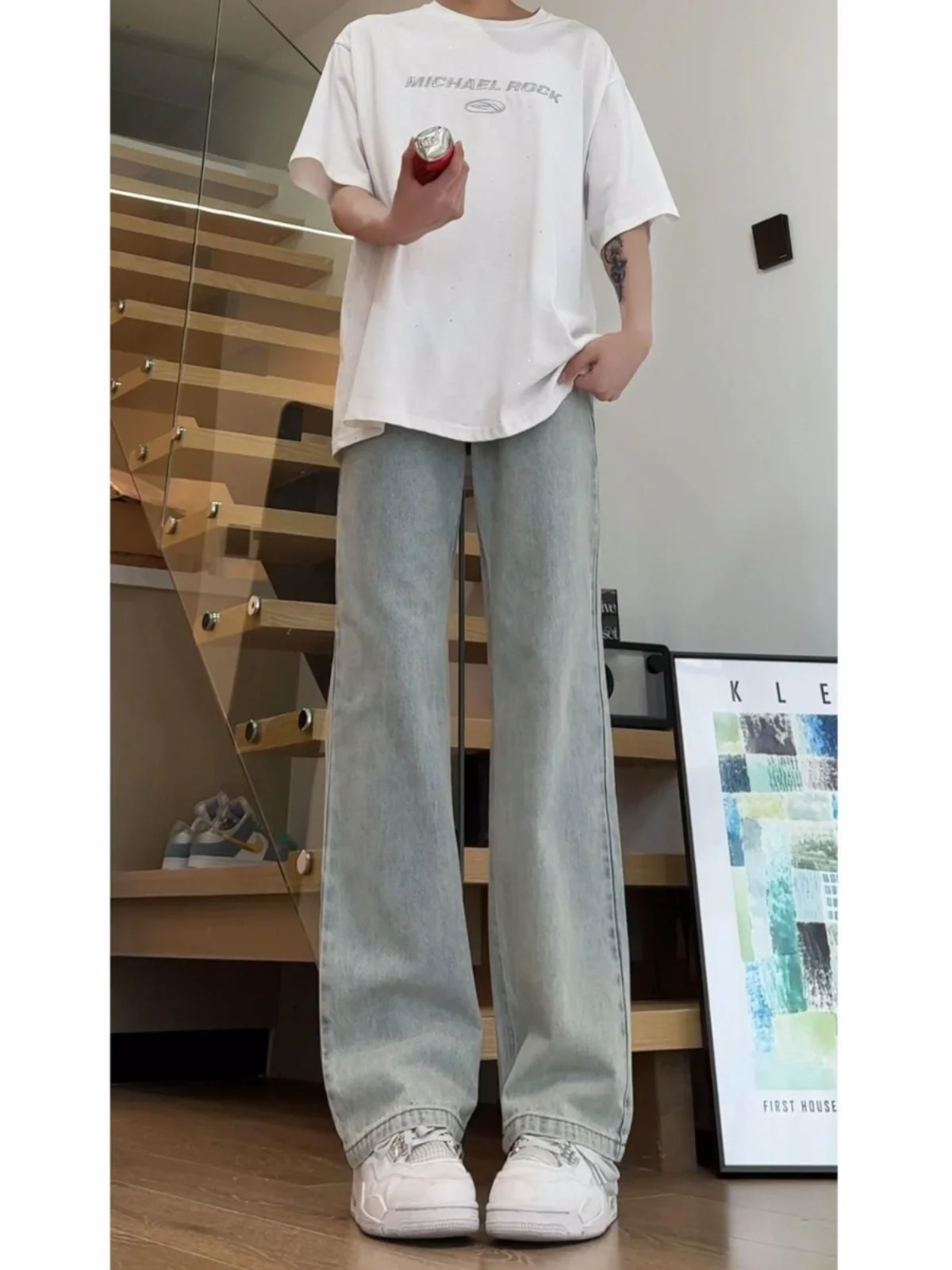 

Retro ey e Denim Jeans Men's Straight Leg Slim Fit High Waist American High Street Vibe Casual Versatile Jeans