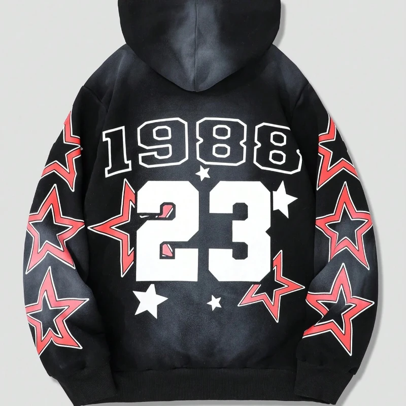 

2024 Autumn/Winter European and American Retro Letter Printed Star Women's Hoodie Men's Street Gothic Casual Zipper Hoodie