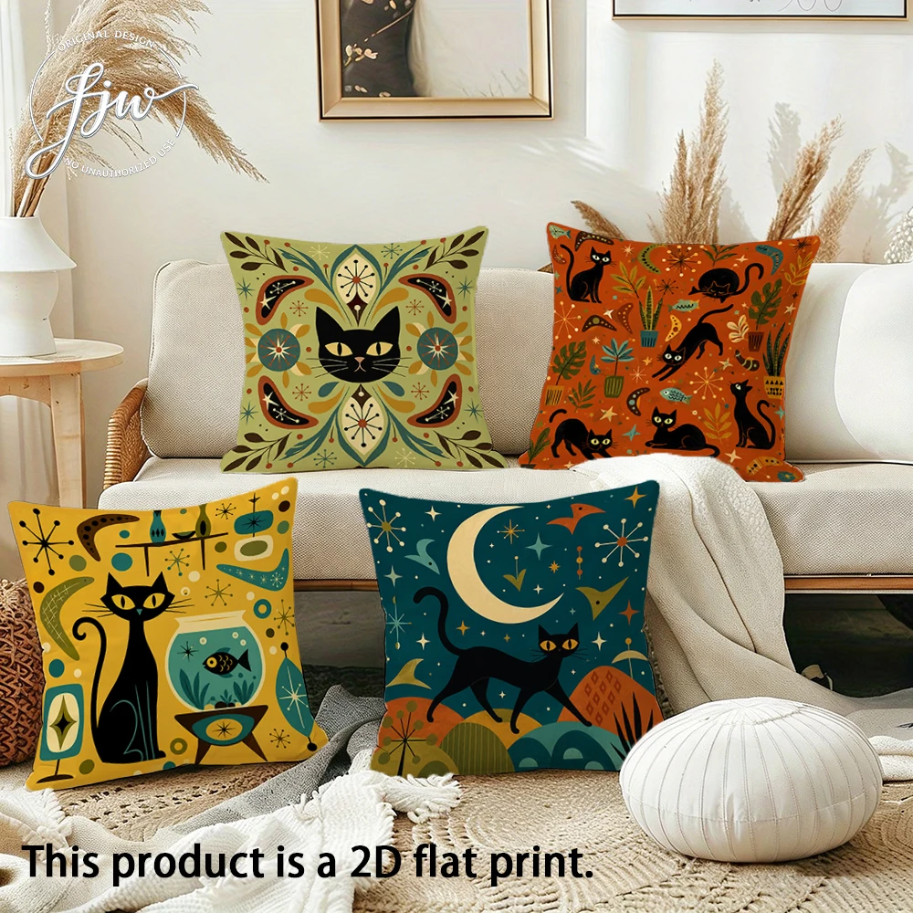 4pcs Retro Mid Century Modern Black Cat Throw Pillow Covers Bohemian Home Decor