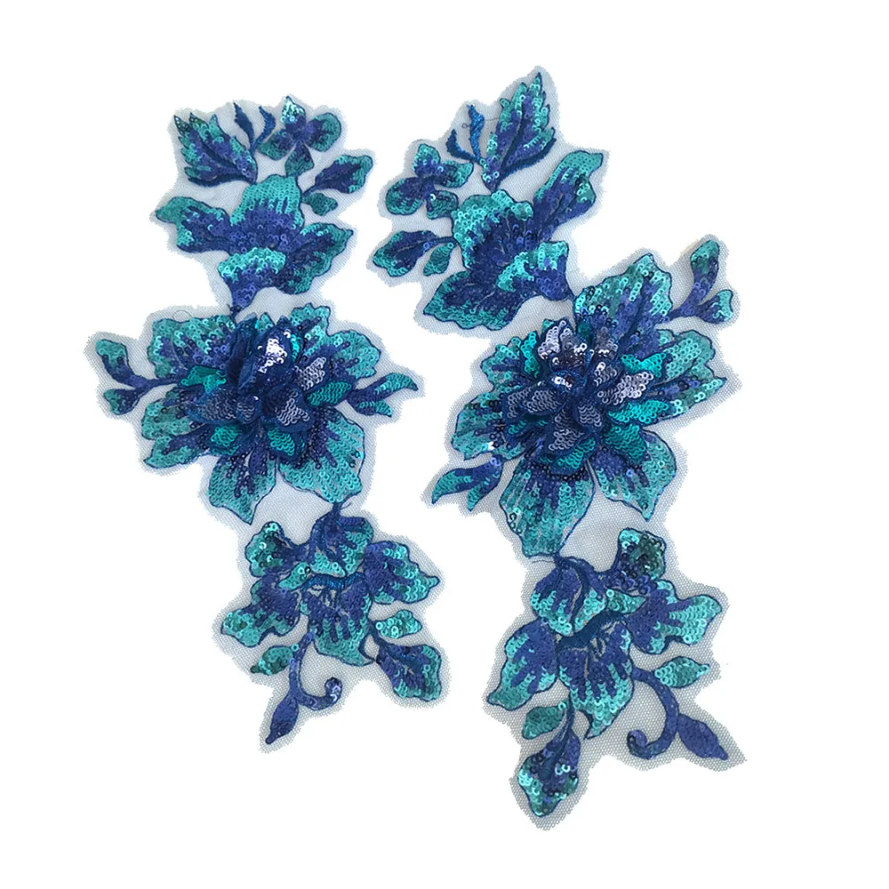 1 Pair Blue Sequin Flower Embroidered Lace Patch DIY Sewing Cloth Applique Collar Patches Dress Decoration