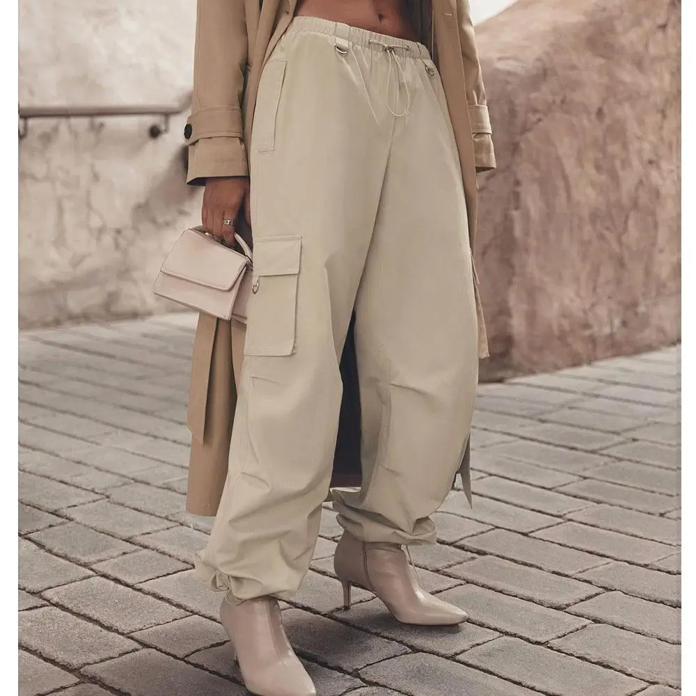 

ex Dstring Work Pants High Waist Wide Leg Casual Trousers with Large kets Neutral Sle Spring 2023 Cotton Lycra