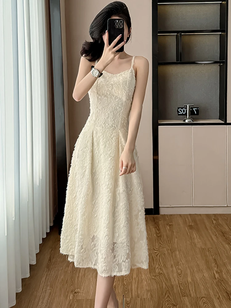 2025年夏ファッションレースジャカードシックなスリングセクシーロングドレス韓国エレガントラグジュアリーパーティーVestidos女性プリーツボディコンVestidos