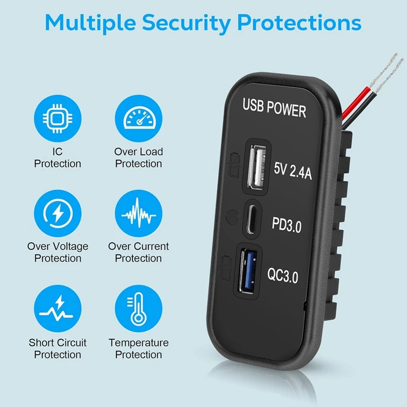 3 Ports 12V USB-Steckdosenladegerät, PD3.0 Typ C, QC 3.0 USB A & 2,4A USB A Schnellladegerät-Buchsenadapter für Car Marine-PZZW