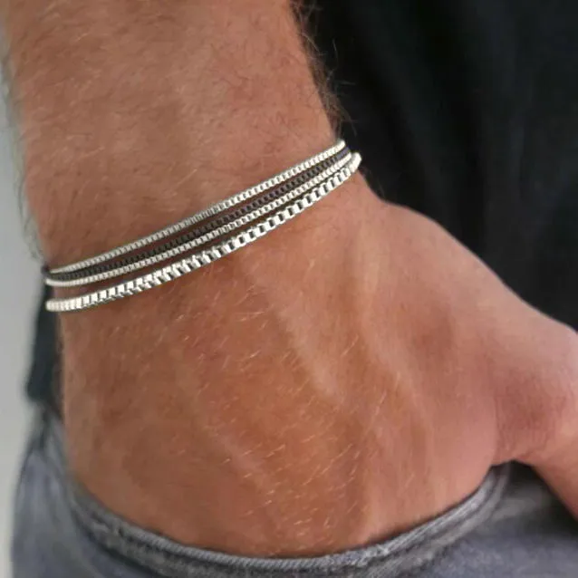 Set of 4 Stainless Steel Bracelets Box Chain Links Minimalist Retro Ins Style Mixed Stackable Wrist Band for Men Women