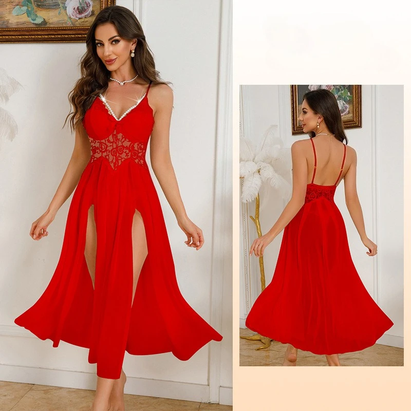 Loungewear Comfort Smooth and Soft Cross-border Multi-style Sexy Nightgown Women' Lace Mesh Deep V Suspender Split Print Pajamas