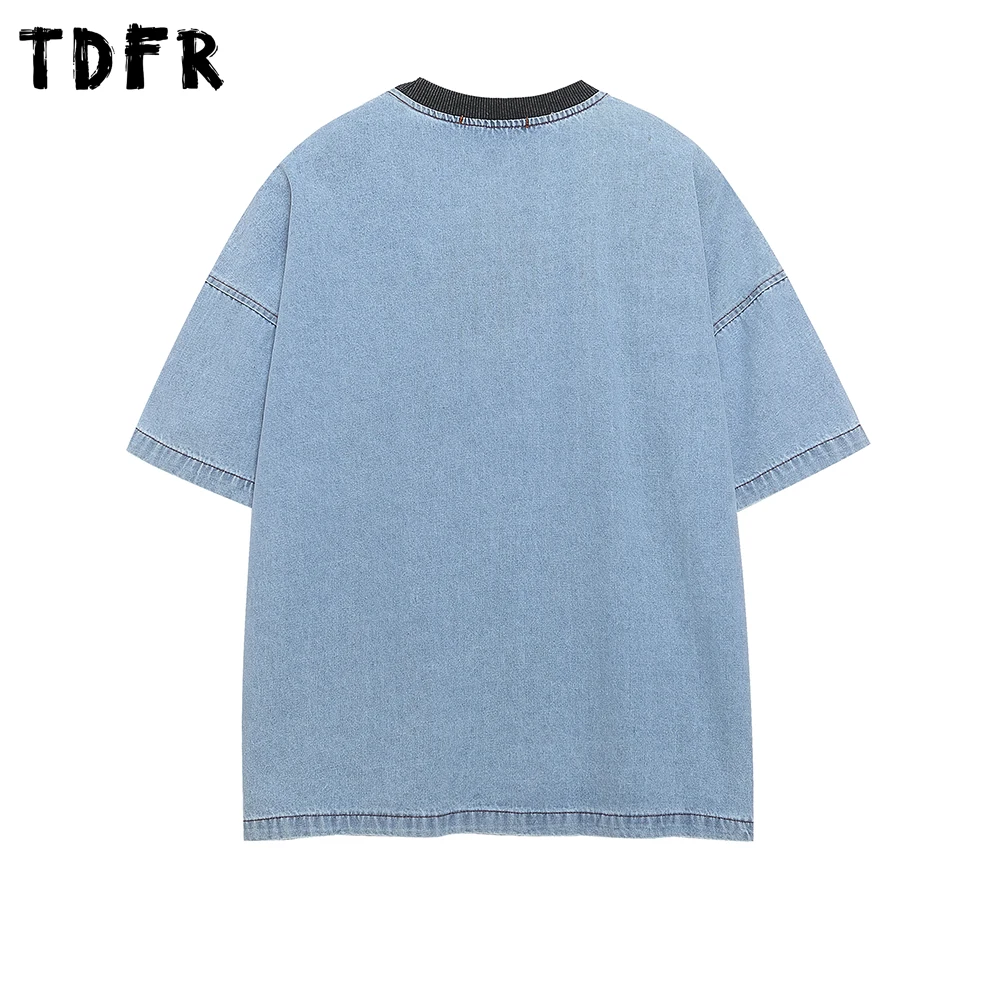 Patch Letter Embroidery Denim T-shirt Mens Summer Retro Streetwear Loose Spliced Crew Neck Short Sleeve Tshirt Men Tee