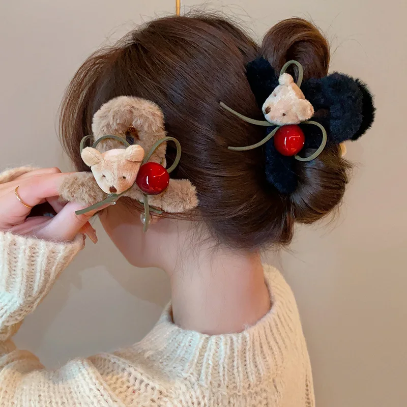 2024 Fashion Girl Cherry Little Bear Shark Hair Clip Winter New Edition