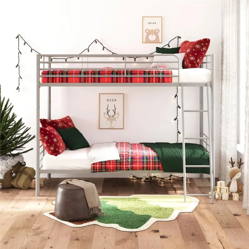 Convertible Twin over Twin Metal Bunk Bed, Silver bedroom furniture  bed frame  twin bed frame